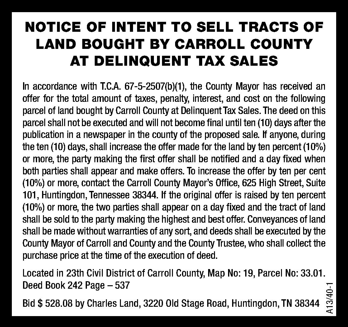 Notice of Intent to Sell CC Delinquent Taxes The Mckenzie Banner